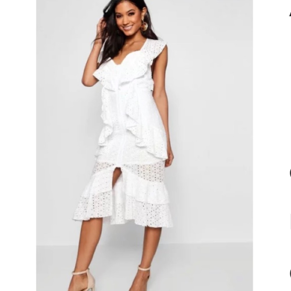 Boohoo White Ruffle Detail Midi Dress